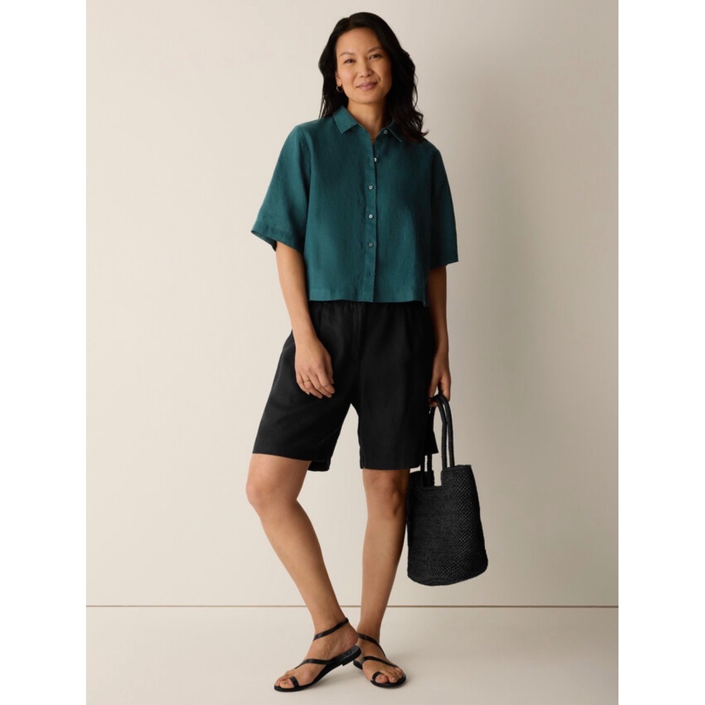 Eileen Fisher Organic Linen Short Sleeve Button Down Boxy Shirt Teal 1X New